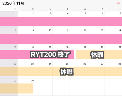 RYT200終了後2週間弱の休暇があります